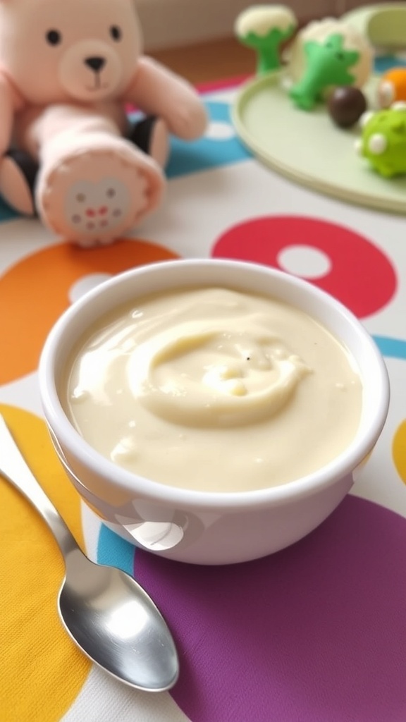 A bowl of smooth cauliflower puree for babies on a colorful mat with a spoon.